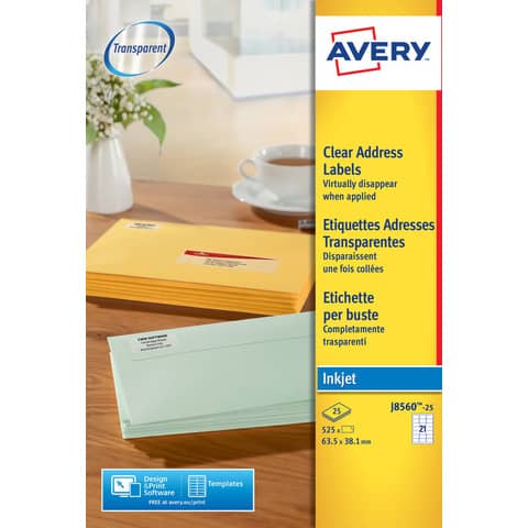 Etichette poliestere trasparenti opache AVERY QuickPEEL™ 63,5x38,1 mm - 21 et/foglio - inkjet conf. 25 ff J8560-25